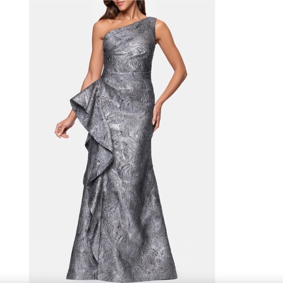 NEW XSCAPE Gunmetal Gray METALLIC RUFFLE One Shoulder JACQUARD Mermaid GOWN 12 - Picture 4 of 9
